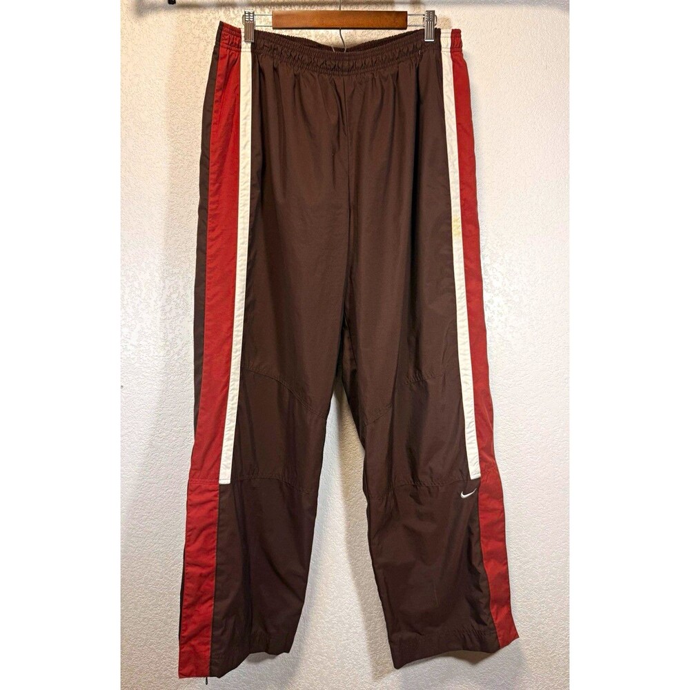 Vintage Nike Men’s XXL Brown Track Pants Red White Stripe Zip Ankle Swoosh
